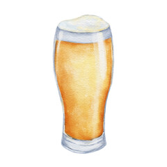 Glass of beer with foam. Watercolor illustration isolated on white background.