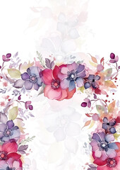Floral border with pink flowers ang foliage, can be used as invitation card for wedding, birthday and other holiday and summer background. Botanical art. Watercolor