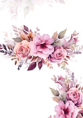 Floral border with pink flowers ang foliage, can be used as invitation card for wedding, birthday and other holiday and summer background. Botanical art. Watercolor