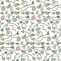 Seamless pattern with a one-line pattern of love arrows. Lots of cupid's hearts and arrows. Pastel color palette. Vector decoration for wedding and Valentine's day. Printing on textiles, paper