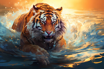 tiger is playing water anime style