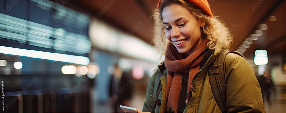 Wall mural woman using smartphone in public areas, wide banner, copy space for text