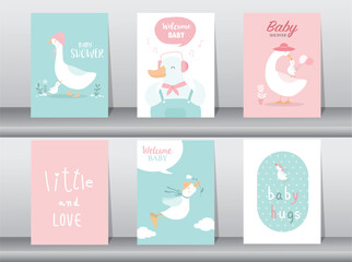 Set of baby shower invitations cards with babies boy and girl,cute design,poster,template,storks,Vector illustrations.