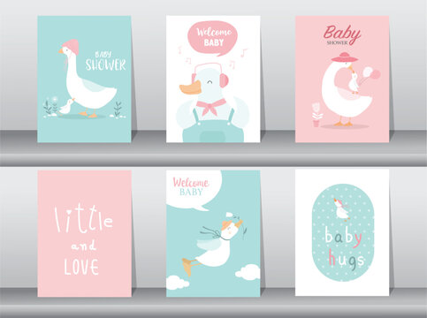 Set of baby shower invitations cards with babies boy and girl,cute design,poster,template,storks,Vector illustrations.