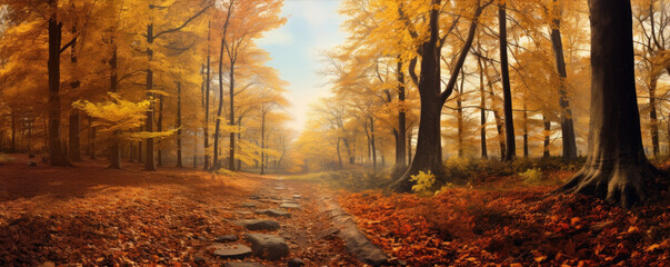 Fototapeta na wymiar Autumn forest scenery, wide banner.
