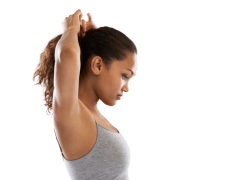 Fitness, woman and profile stretching arms for workout or exercise isolated on a transparent PNG background. Female person in warm up body stretch in preparation for exercising, activity or training