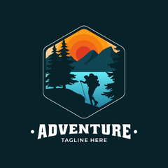 Vintage modern adventure logo with view of people climbing mountains, river and pine trees. Suitable for logos of adventurers, nature lovers, mountaineers, brands, and others.