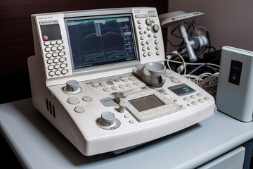 Close up echocardiography (ultrasound) machine monitor. Hospital equipment for a better diagnostics. Selective focus, created with Generative AI