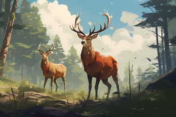 two deer looking at the situation anime style