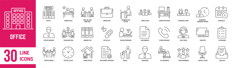 Office thin line icons set. Office, employee, workplace, chair, briefcase, desk, computer, building, user and clipboard. Vector illustration