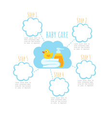 Fototapeta premium Baby care infographic chart design template. Bath routine. Abstract infochart with copy space. Instructional graphics with 5 step sequence. Visual data presentation. Amatic SC Bold, Regular fonts used