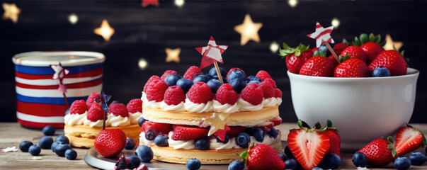 Independance day cake. or celebration cakes with blue and red usa colors. wide banner.