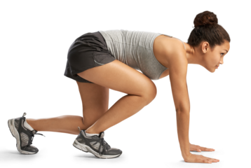 Woman, profile and start running for sports, action and speed isolated on transparent png background. Female athlete, runner and focus for fitness marathon, cardio exercise and power of race training