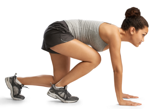 Woman, profile and start running for sports, action and speed isolated on transparent png background. Female athlete, runner and focus for fitness marathon, cardio exercise and power of race training