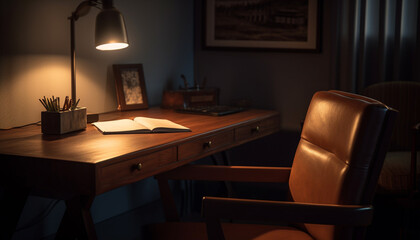 Comfortable chair, illuminated desk, bookshelf, modern home office, old fashioned decor generated by AI