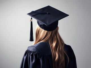 A female student in a study gown and a square academic cap, viewed from the back in close-up and on an isolated background. Generative AI - obrazy, fototapety, plakaty