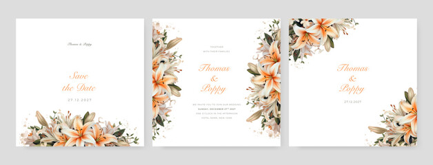 Naklejka na ściany i meble Floral watercolor wedding invitation template. Gold leave and flower background. Greeting card.