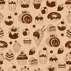 Sweet desserts seamless pattern. Delicious food, donut, roll, cakes, ice cream, berries and creamy dessert. Vector illustration. Hand drawn doodle for design, print, wallpaper and textile, packaging