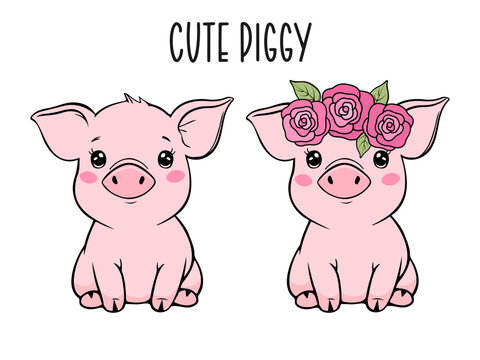 Cute baby pig character on white background. Vector illustration.