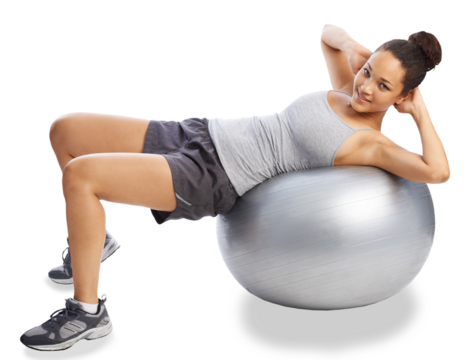 Fitness, portrait and exercise ball pushup for woman on isolated, transparent and png background. Gym, workout and face of lady with inflatable for core, resilience and strength training or challenge