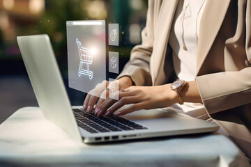 Woman shopping online with a laptop, Generative AI