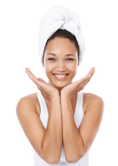 Portrait, happy or woman cleaning, morning routine or smile for facial skincare, hygiene or shower...