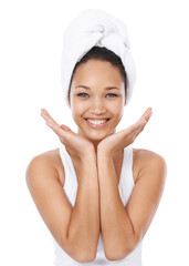 Portrait, happy or woman cleaning, morning routine or smile for facial skincare, hygiene or shower for self care grooming. Bathroom, beauty face or person wash isolated on transparent, png background