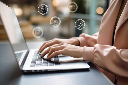 Hands of a woman shopping online on a laptop, Generative AI