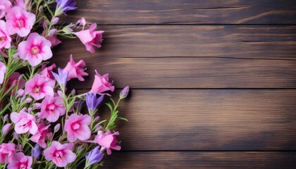 Fototapeta na wymiar Bouquet of pink and purple flowers on a wooden background.