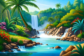 waterfall in tropical jungle with trees generated ai