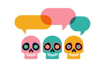 Colorful skulls with speech bubbles, Mexican sugar skulls for Day of the dead, dia de los muertos. Vector illustration