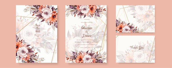 double sided wedding invitation template with boho watercolor flower