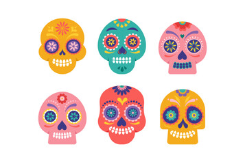 Colorful skulls, Mexican sugar skulls for Day of the dead, dia de los muertos. Vector illustration