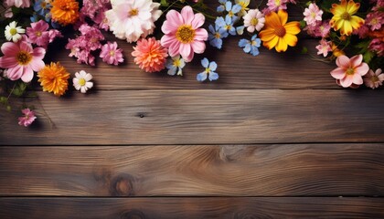 Colorful flowers on wooden background. Top view with copy space.