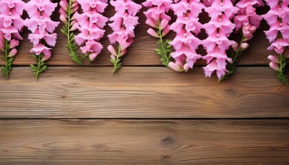 Fototapeta premium Beautiful pink flowers on brown wooden table, flat lay. Space for text