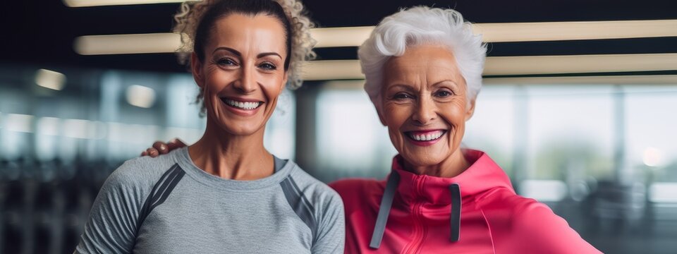 Senior Woman And Middle Aged Woman Getting Ready To Exercise. Commercial Photo. Photography With Generative AI