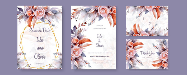 Wedding invitation template set with floral and leaves decoration. vector illustration