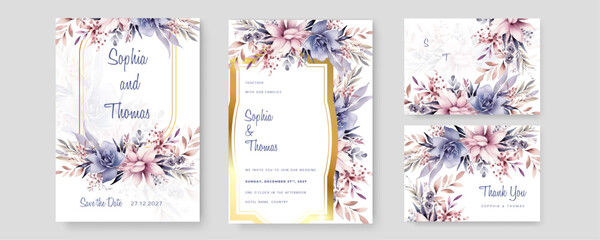 watercolor wedding invitation card template with pink and burgundy floral and leaves decoration