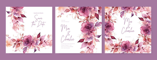 Floral wedding invitation card set template design, pink watercolor decorated with magnolia liliiflora flowerss on white