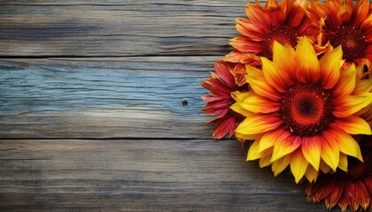 Bouquet of bright orange and yellow sunflowers on wooden background