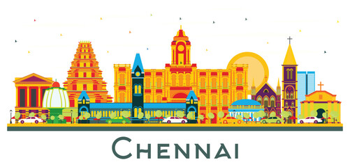 Chennai India City Skyline with Color Landmarks Isolated on White. - obrazy, fototapety, plakaty