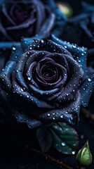Dark blue rose with water droplets