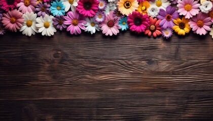 Colorful flowers on wooden background. Top view with copy space.