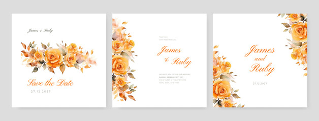 Naklejka na ściany i meble Wedding invitation set with beautiful flowers and leaves