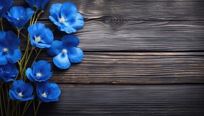 Blue flowers on a black wooden background. Copy space. Top view.