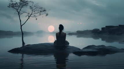 Moment of serene calmness, woman sits on a rock beside a tranquil lake, looking up at the moon as dusk falls. Sense of peace, solitude, and reflection, harmoniously unified with nature. Generative AI