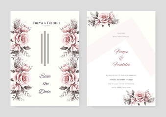 Floral wedding invitation card template design, purple watercolor decorated with magnolia liliiflora flowerss on white