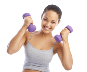 Happy woman, portrait and dumbbell workout for power, exercise and bodybuilding isolated on transparent png background. Strong female athlete, fitness and sports training of weights for muscle growth