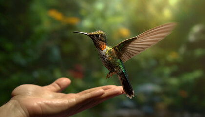 Fototapeta na wymiar Hummingbird hovers, spreads wings, iridescent beauty in nature vibrant colors generated by AI