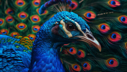 Majestic peacock displays vibrant colors, showcasing beauty in nature generated by AI